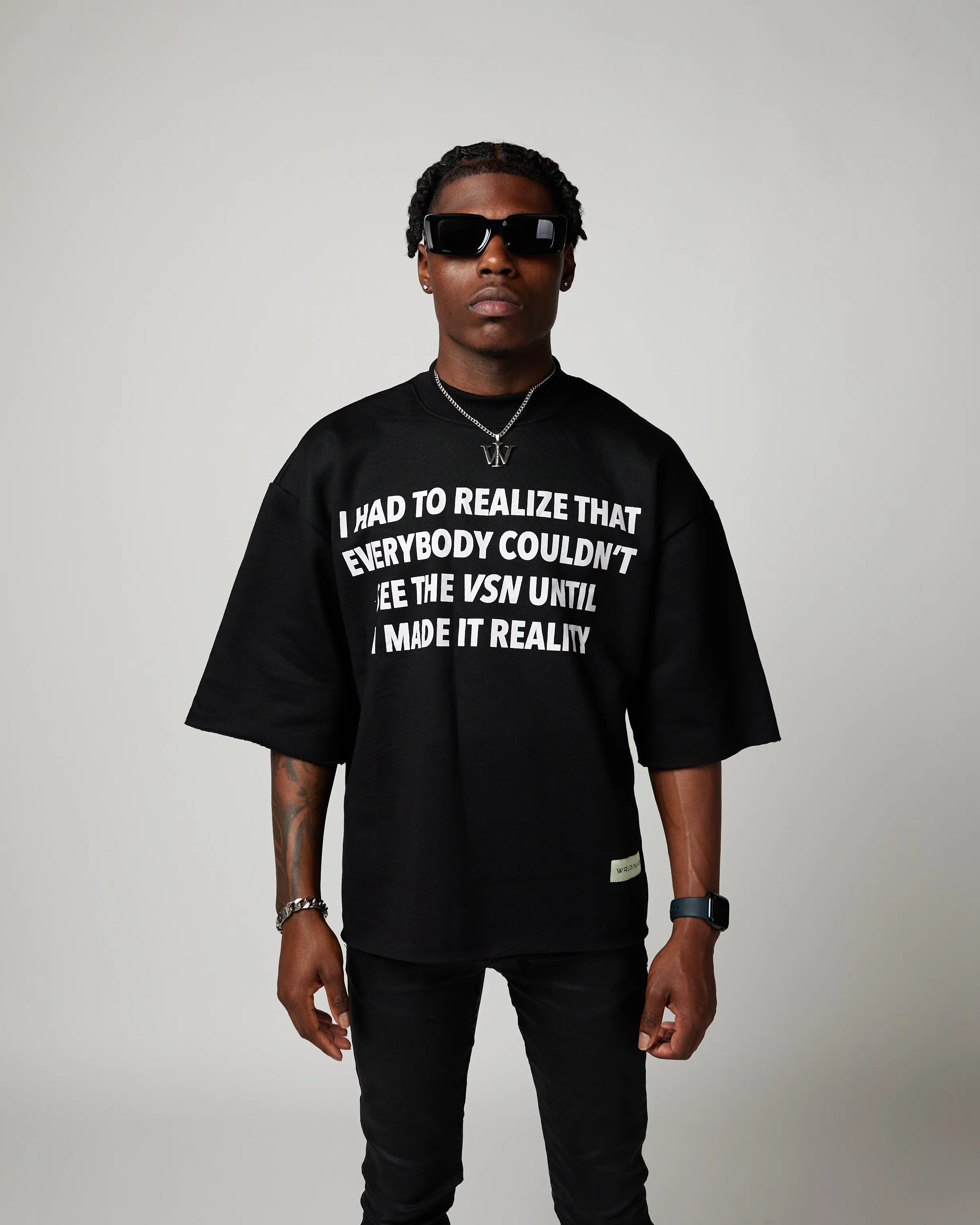 “3D WI” Cropped Sleeve Crewneck Tee (Black)
