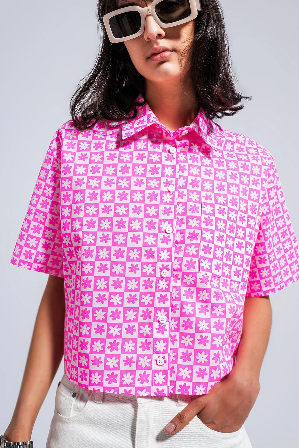 90s cropped button through pink shirt