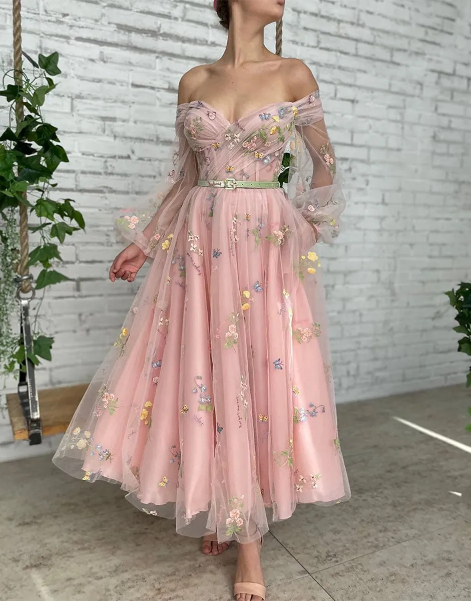 A-line Embroidery Off the Shoulder Prom Dresses