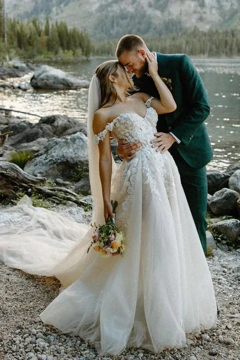 A Line Off the Shoulder Appliques Long Wedding Dresses Bridal Gown