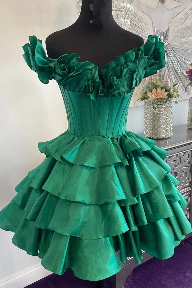 A-line Off-the-Shoulder Corset Ruffle Tie Homecoming Dresses