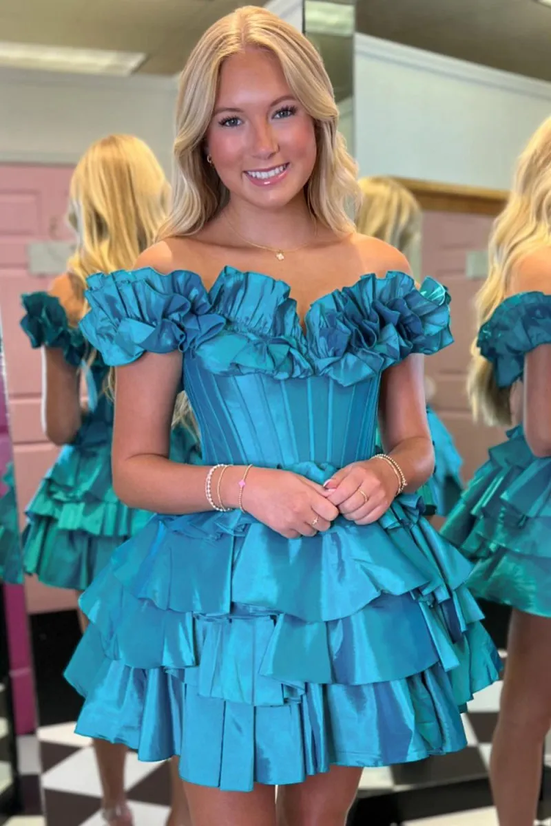 A-line Off-the-Shoulder Corset Ruffle Tie Homecoming Dresses