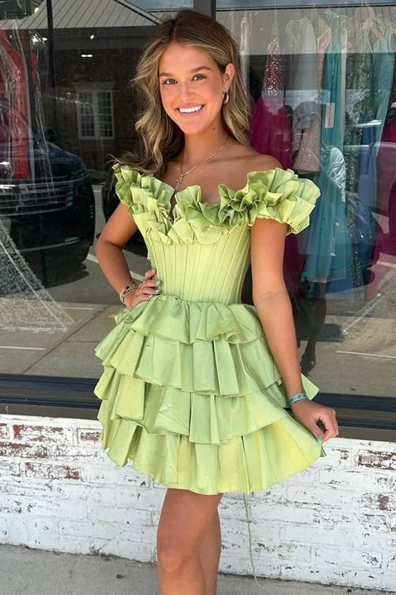 A-line Off-the-Shoulder Corset Ruffle Tie Homecoming Dresses