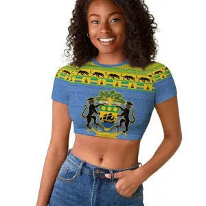 Afro Gabon Christmas Raglan Cropped T shirt Coat Of Arms Mix African Pattern LT15