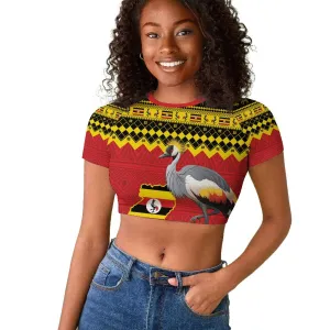 Afro Uganda Christmas Raglan Cropped T shirt Grey Crowned Crane Sekukkulu Ennugi LT15