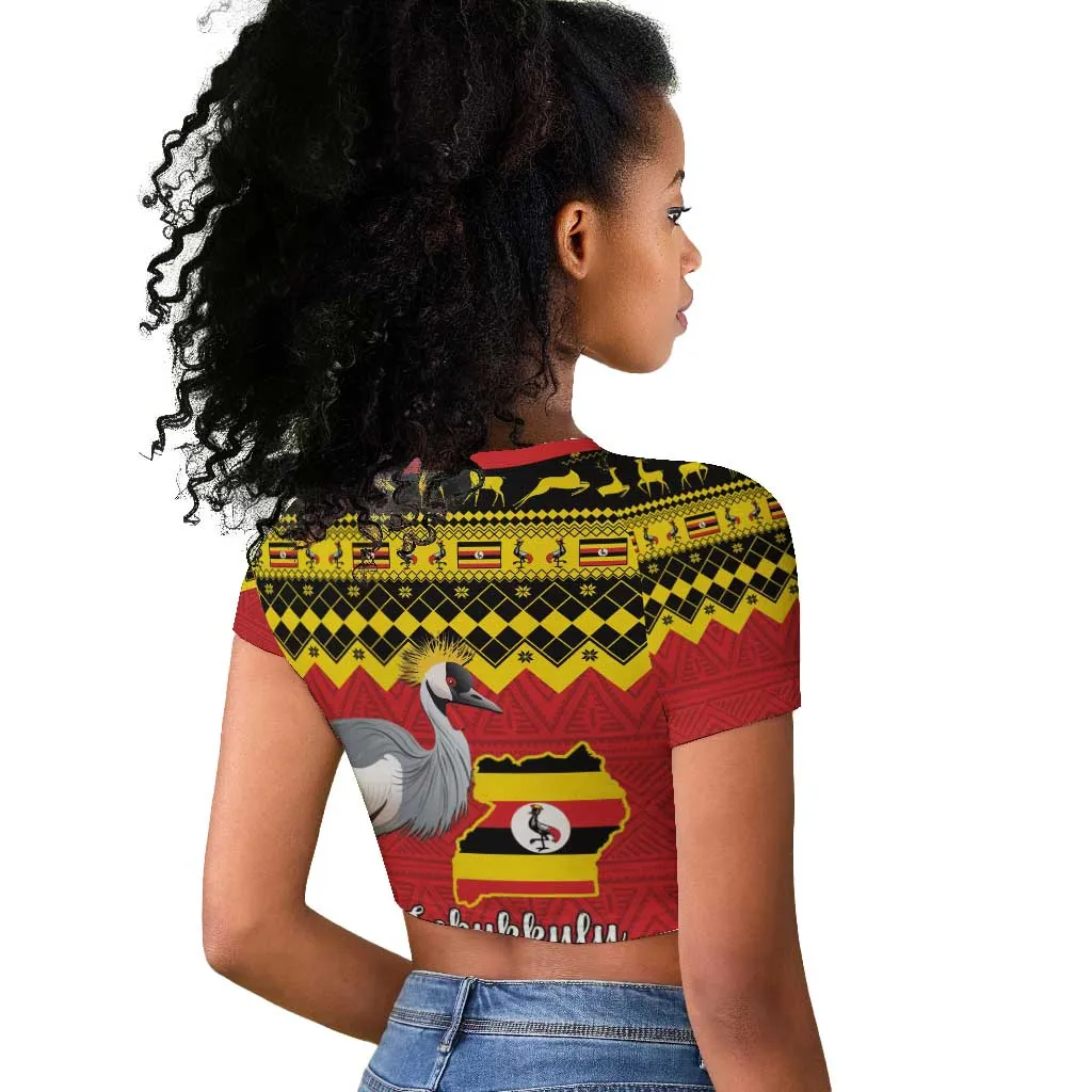Afro Uganda Christmas Raglan Cropped T shirt Grey Crowned Crane Sekukkulu Ennugi LT15