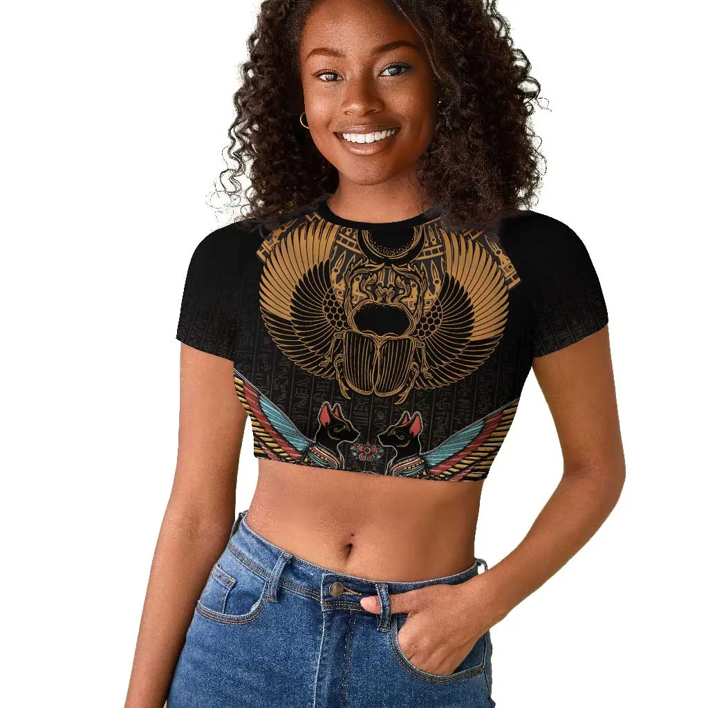 Ancient Egypt Scarab Beetle Raglan Cropped T shirt Hieroglyphs Alphabet Pattern LT18