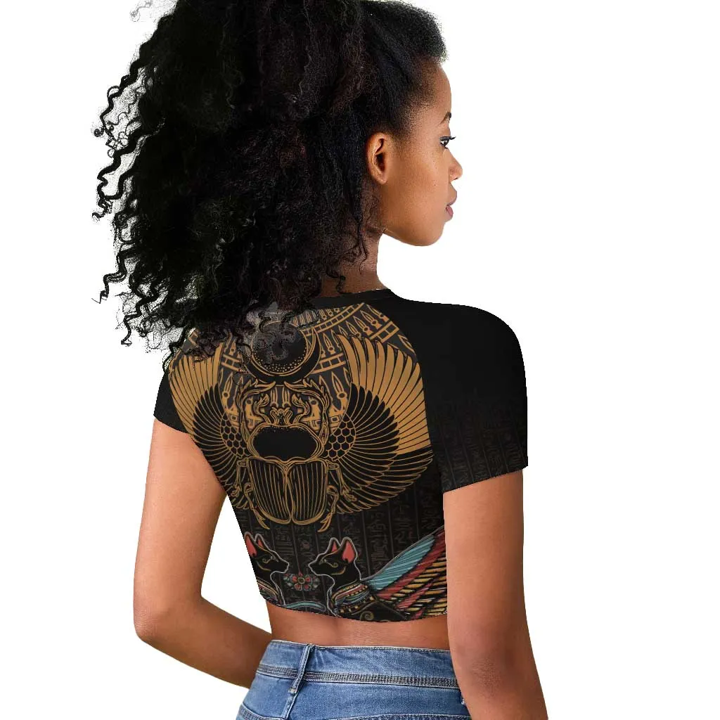 Ancient Egypt Scarab Beetle Raglan Cropped T shirt Hieroglyphs Alphabet Pattern LT18