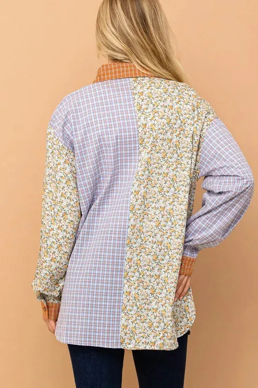 And The Why Floral and Plaid Color Block Shirts with Pocket