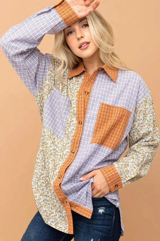 And The Why Floral and Plaid Color Block Shirts with Pocket
