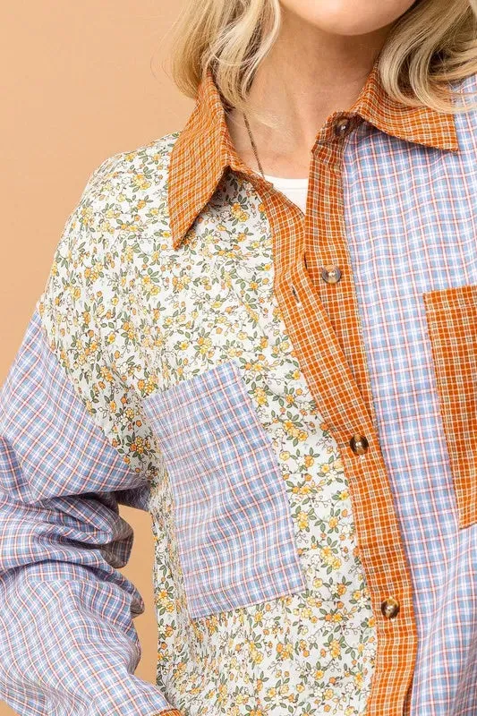 And The Why Floral and Plaid Color Block Shirts with Pocket