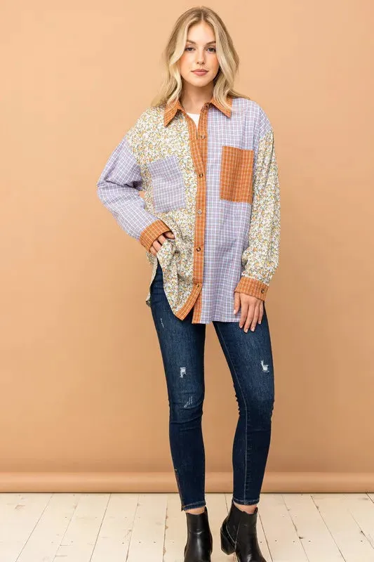 And The Why Floral and Plaid Color Block Shirts with Pocket