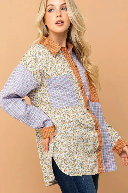 And The Why Floral and Plaid Color Block Shirts with Pocket