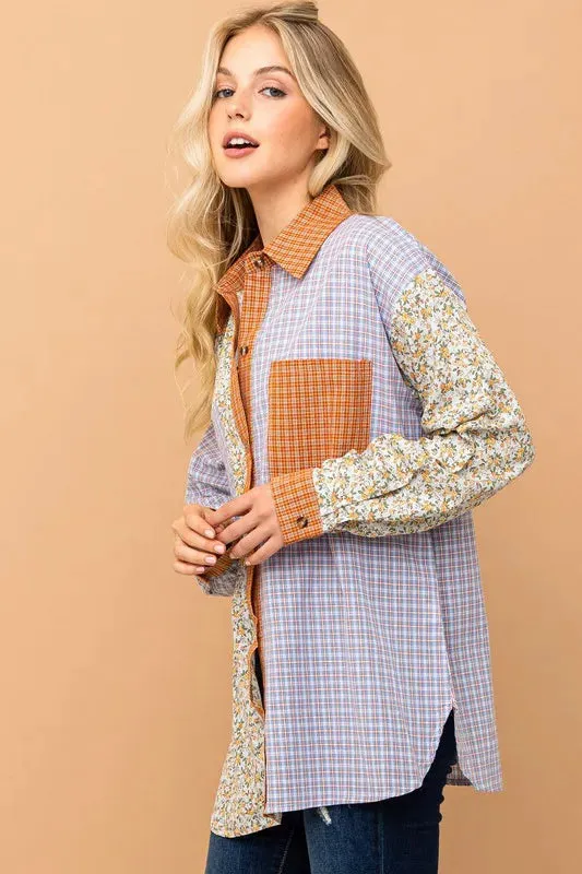 And The Why Floral and Plaid Color Block Shirts with Pocket