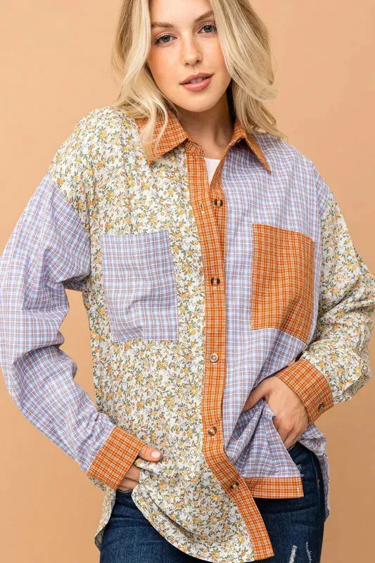 And The Why Floral and Plaid Color Block Shirts with Pocket