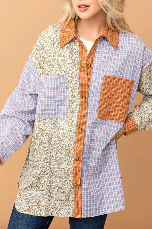 And The Why Floral and Plaid Color Block Shirts with Pocket