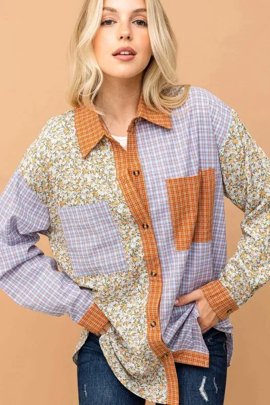 And The Why Floral and Plaid Color Block Shirts with Pocket