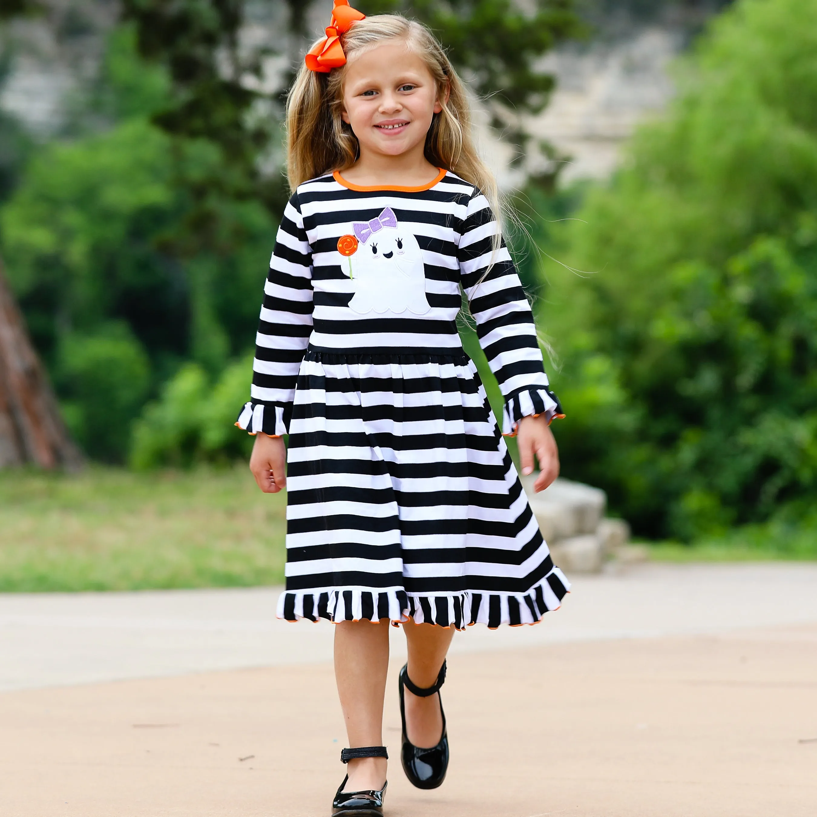 AnnLoren Girls Boutique Friendly Ghost Striped Halloween Cotton Dress