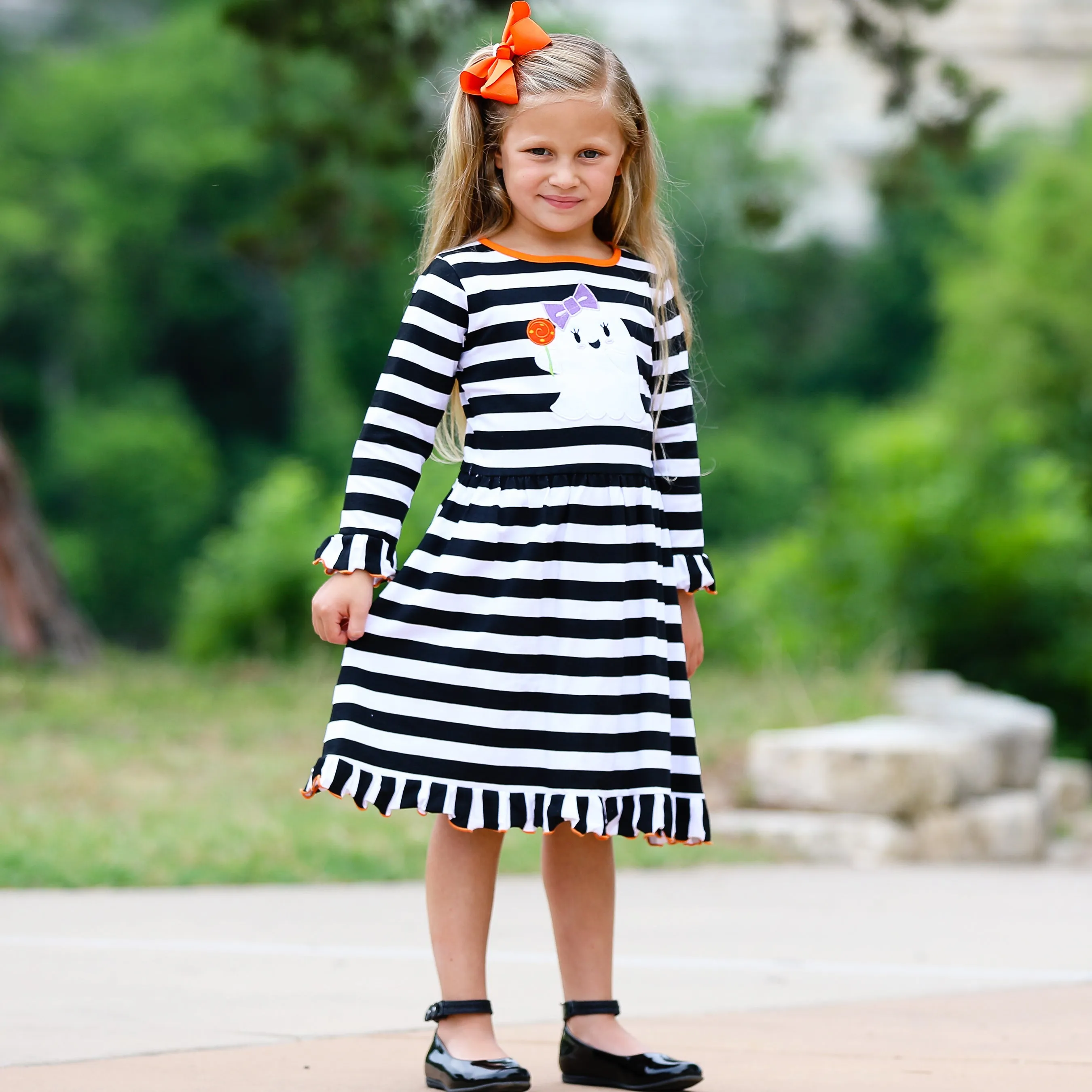 AnnLoren Girls Boutique Friendly Ghost Striped Halloween Cotton Dress
