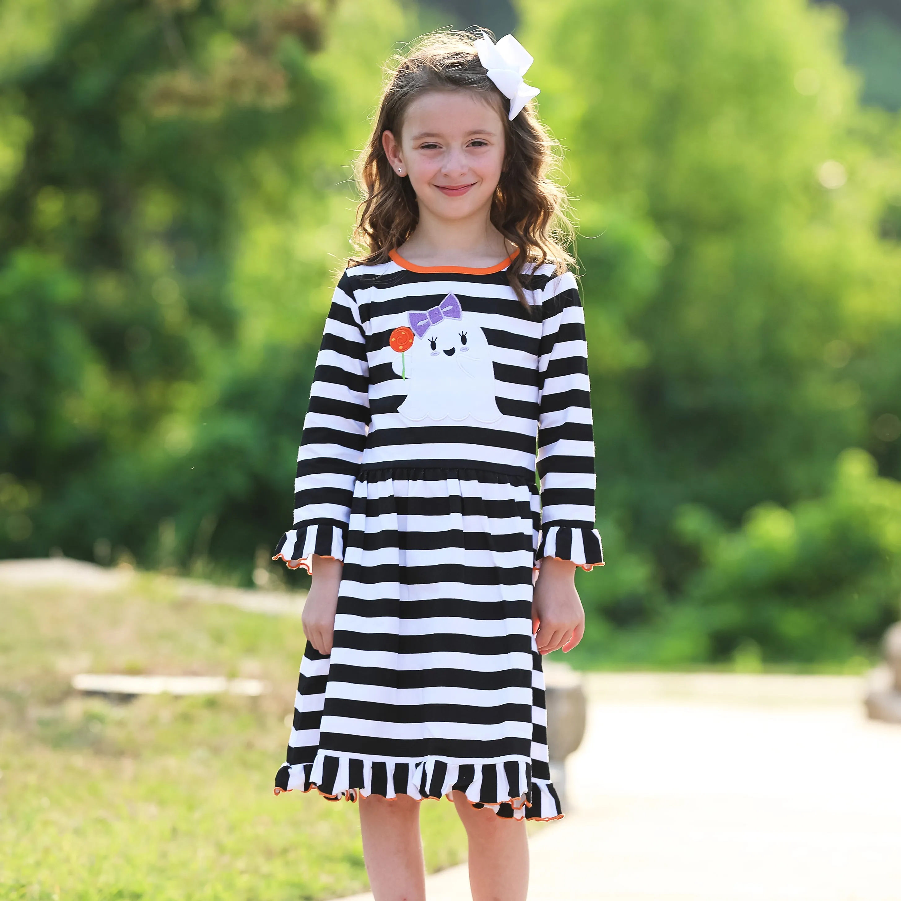 AnnLoren Girls Boutique Friendly Ghost Striped Halloween Cotton Dress