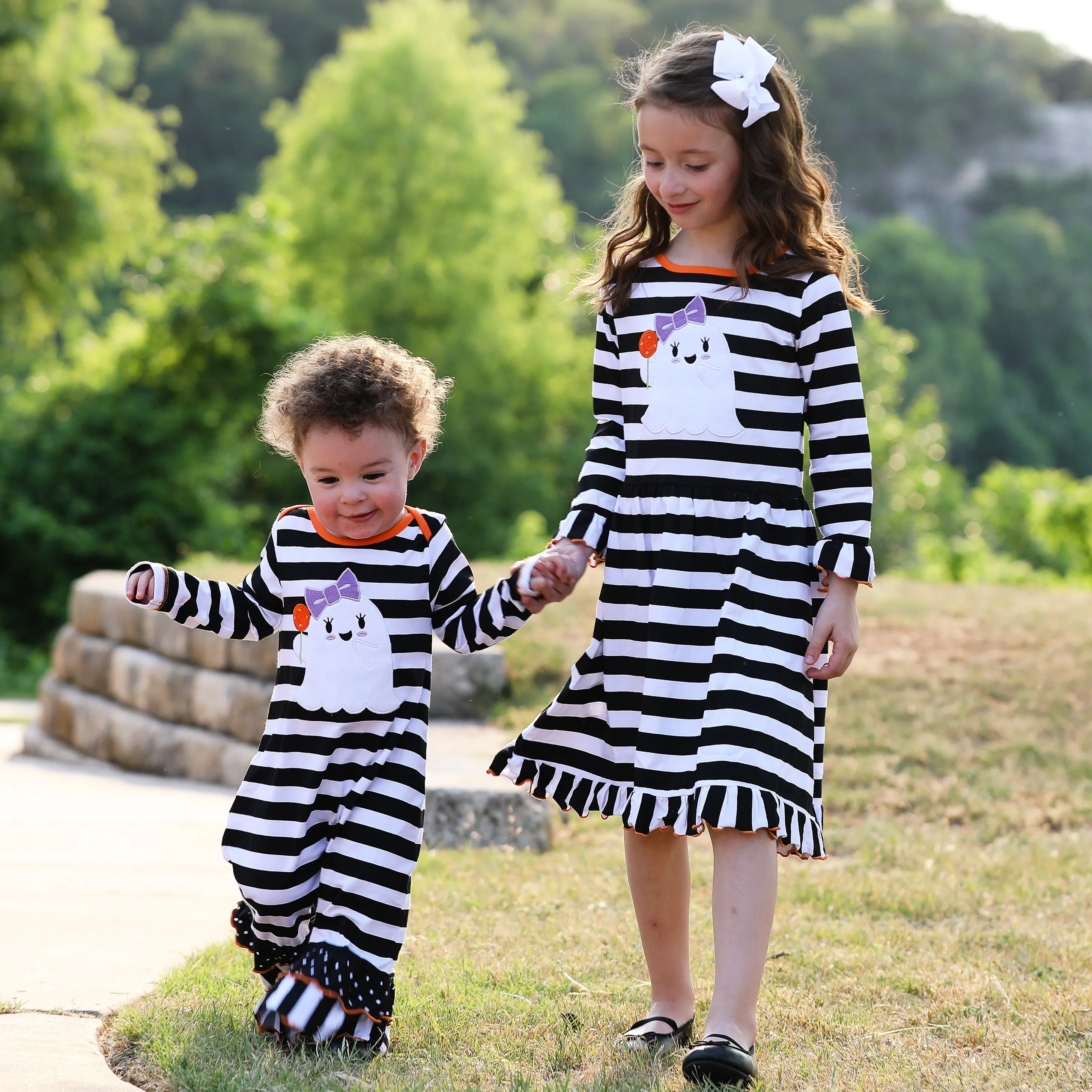 AnnLoren Girls Boutique Friendly Ghost Striped Halloween Cotton Dress