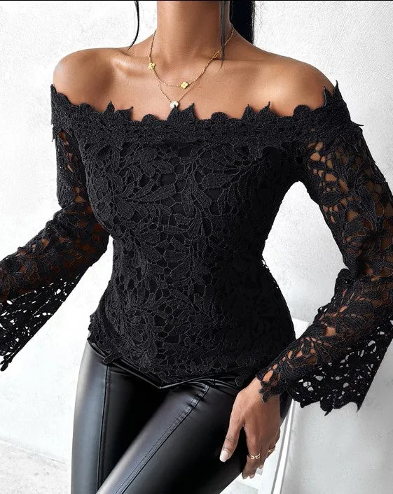 Arielle® | Off-The-Shoulder Lace Top With Long Sleeves