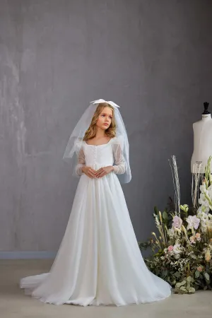 Audrie Tulle First Communion Dress with Pleated Bodice