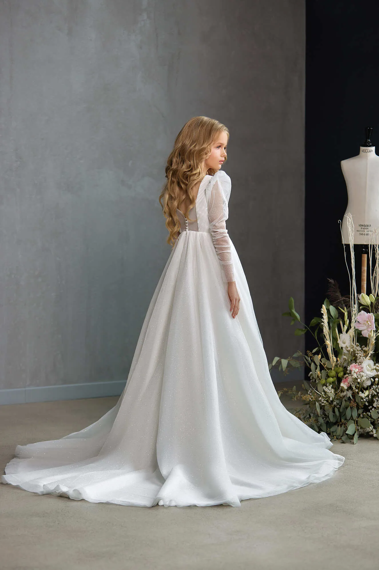 Audrie Tulle First Communion Dress with Pleated Bodice