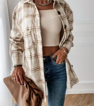 Autumn Spring Long Plaid Shirt Women Casual White Long Sleeve Pocket Button Up Collared Shirt Top Clothes Fashion New 2021 Fall