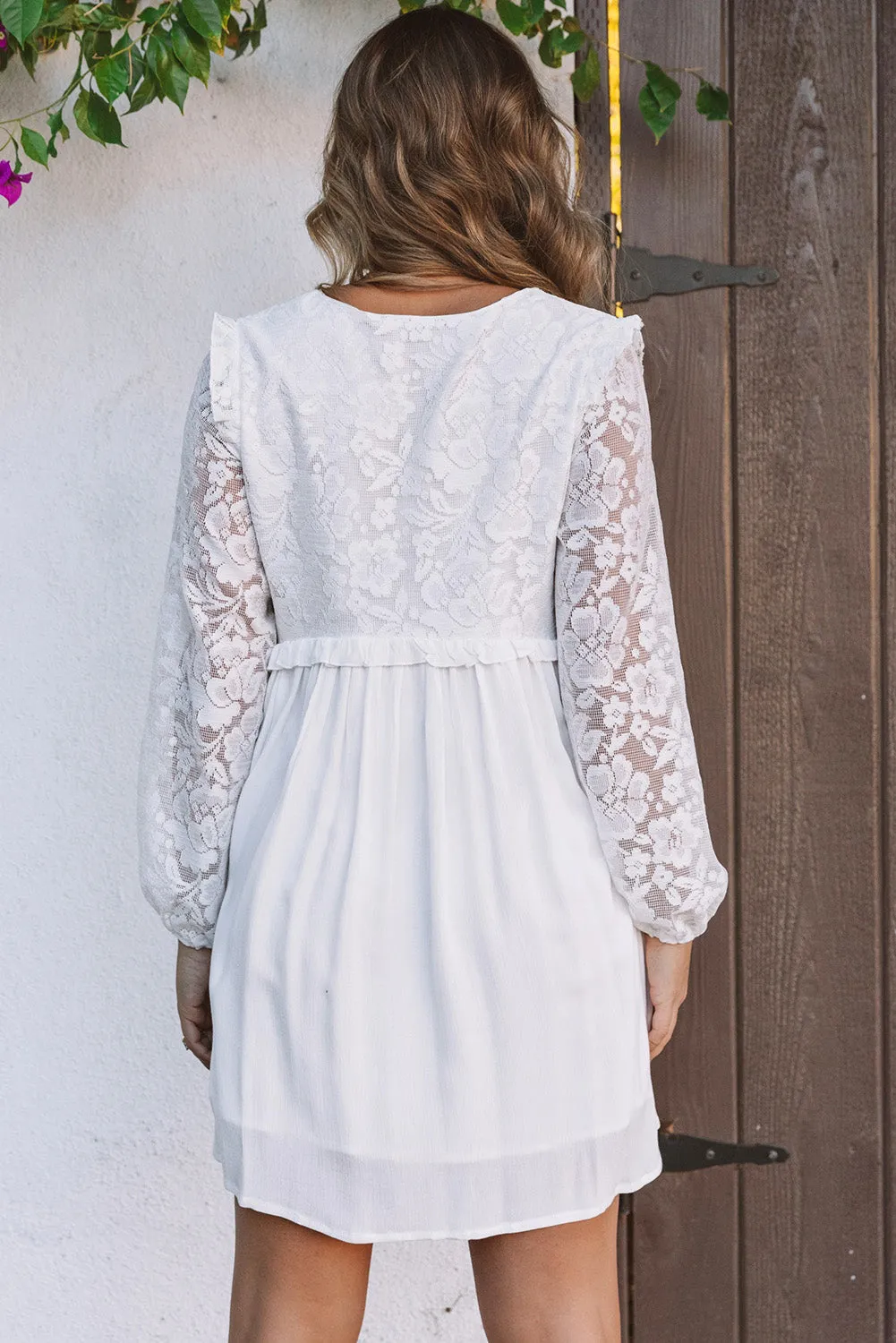 Beige Lace Crochet Ruffled Babydoll Dress