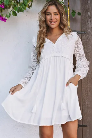 Beige Lace Crochet Ruffled Babydoll Dress