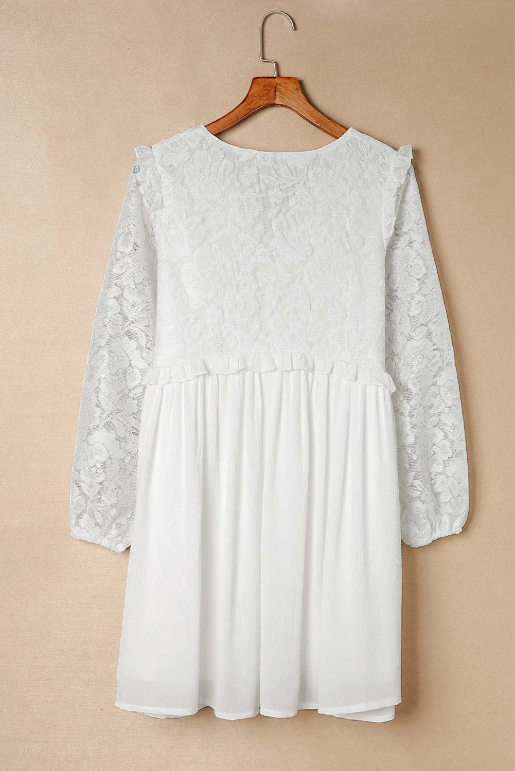 Beige Lace Crochet Ruffled Babydoll Dress