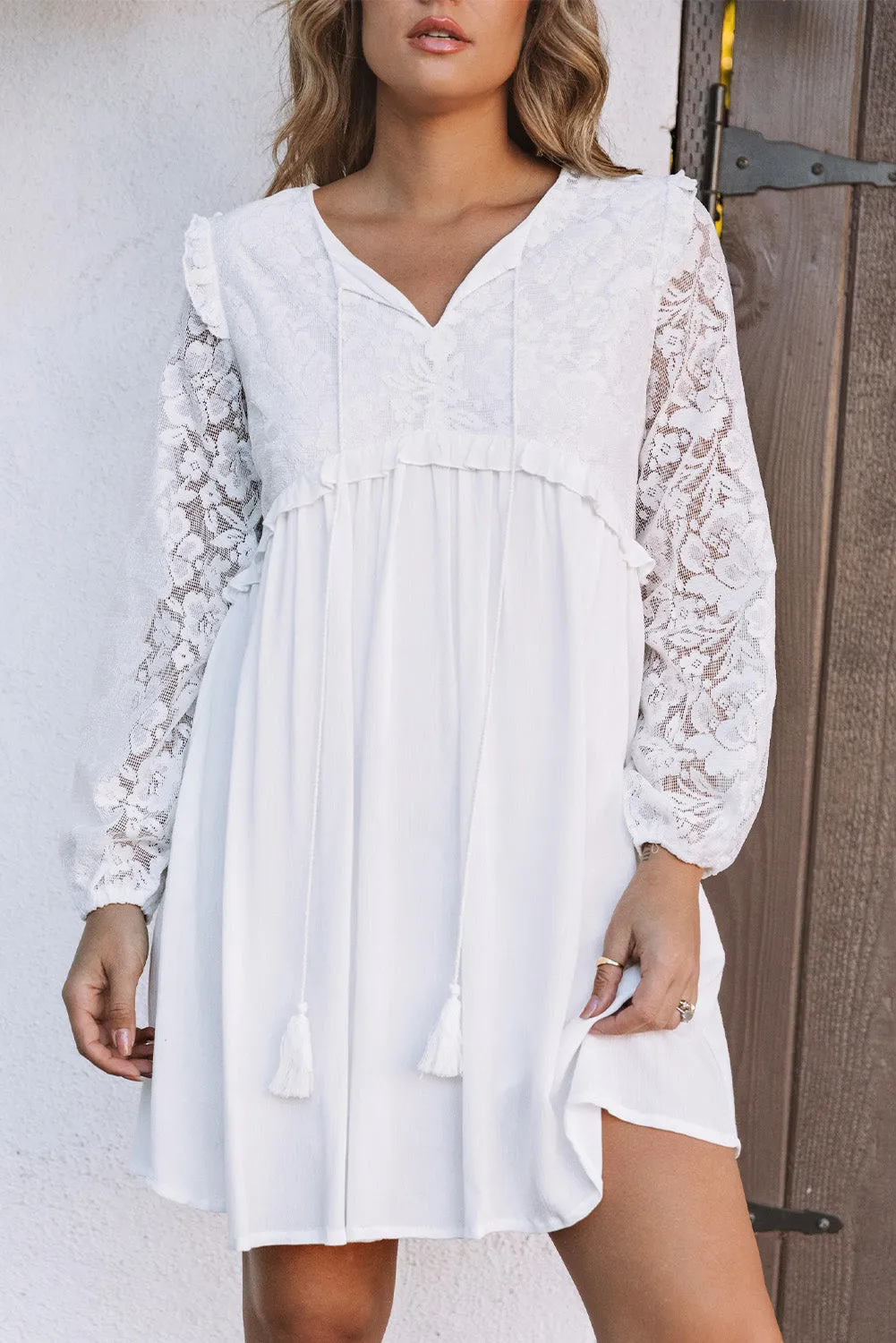 Beige Lace Crochet Ruffled Babydoll Dress