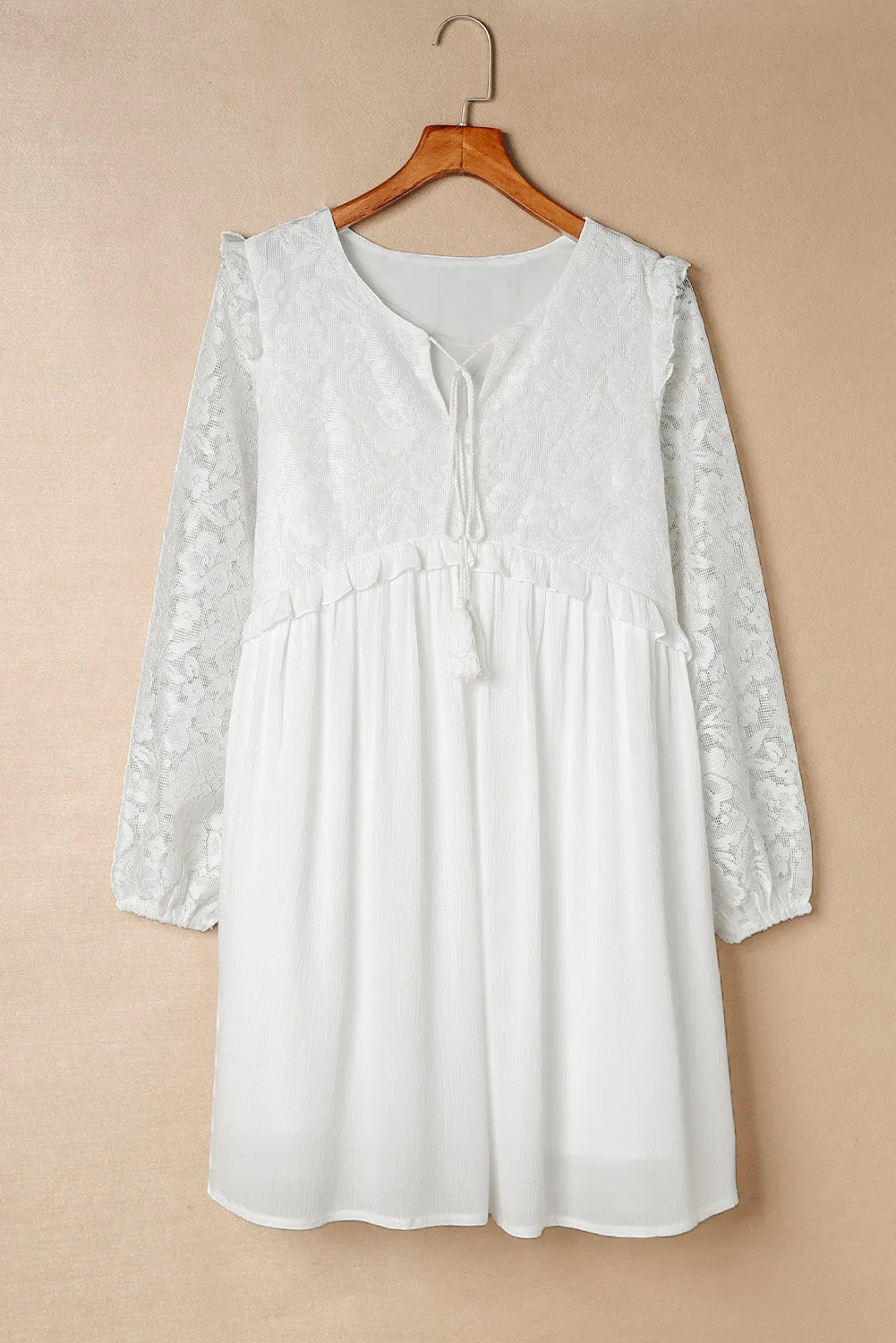Beige Lace Crochet Ruffled Babydoll Dress