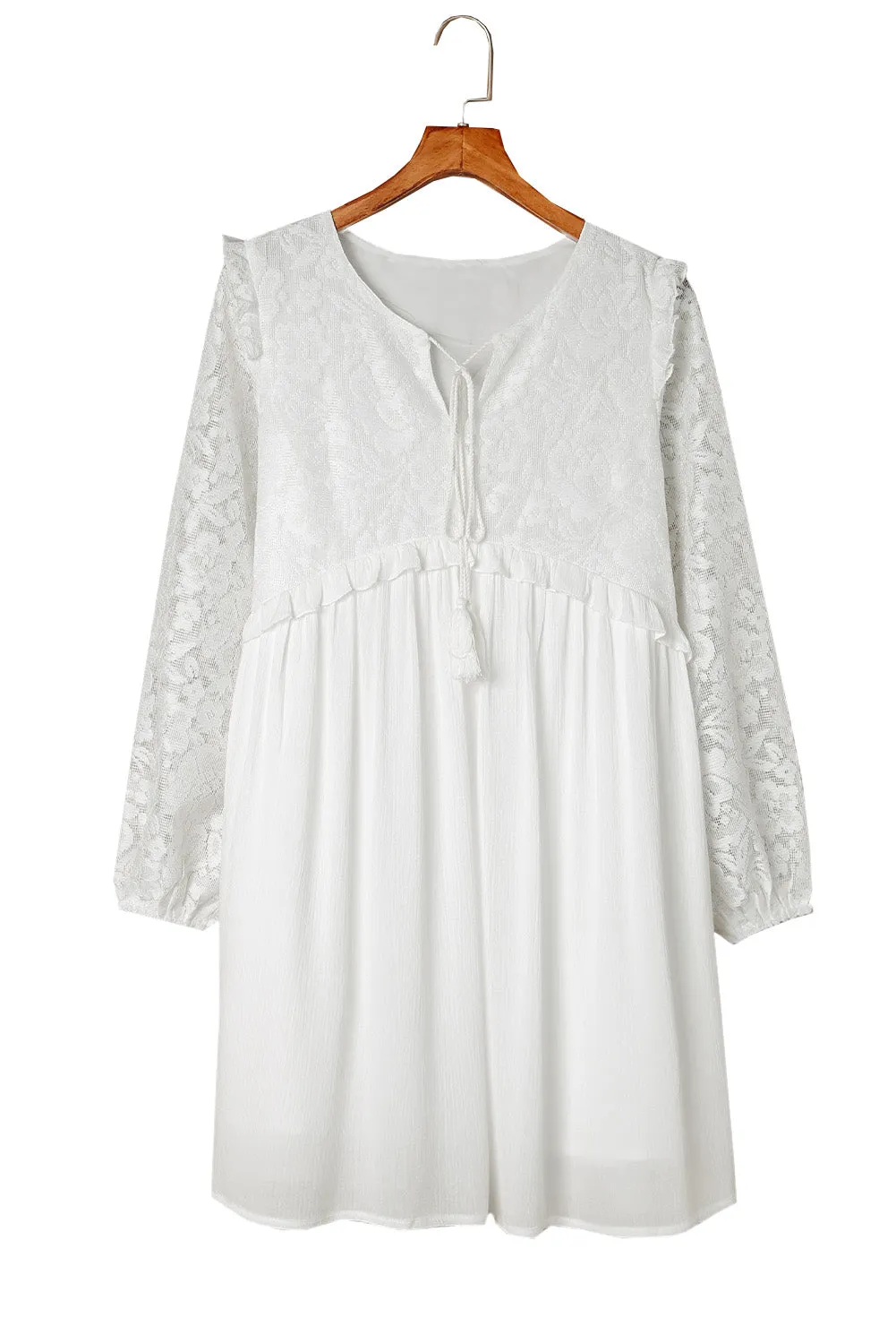 Beige Lace Crochet Ruffled Babydoll Dress