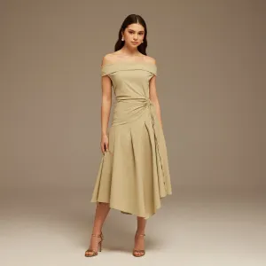 Beige Off-Shoulder Cotton Ruched Midi Dress