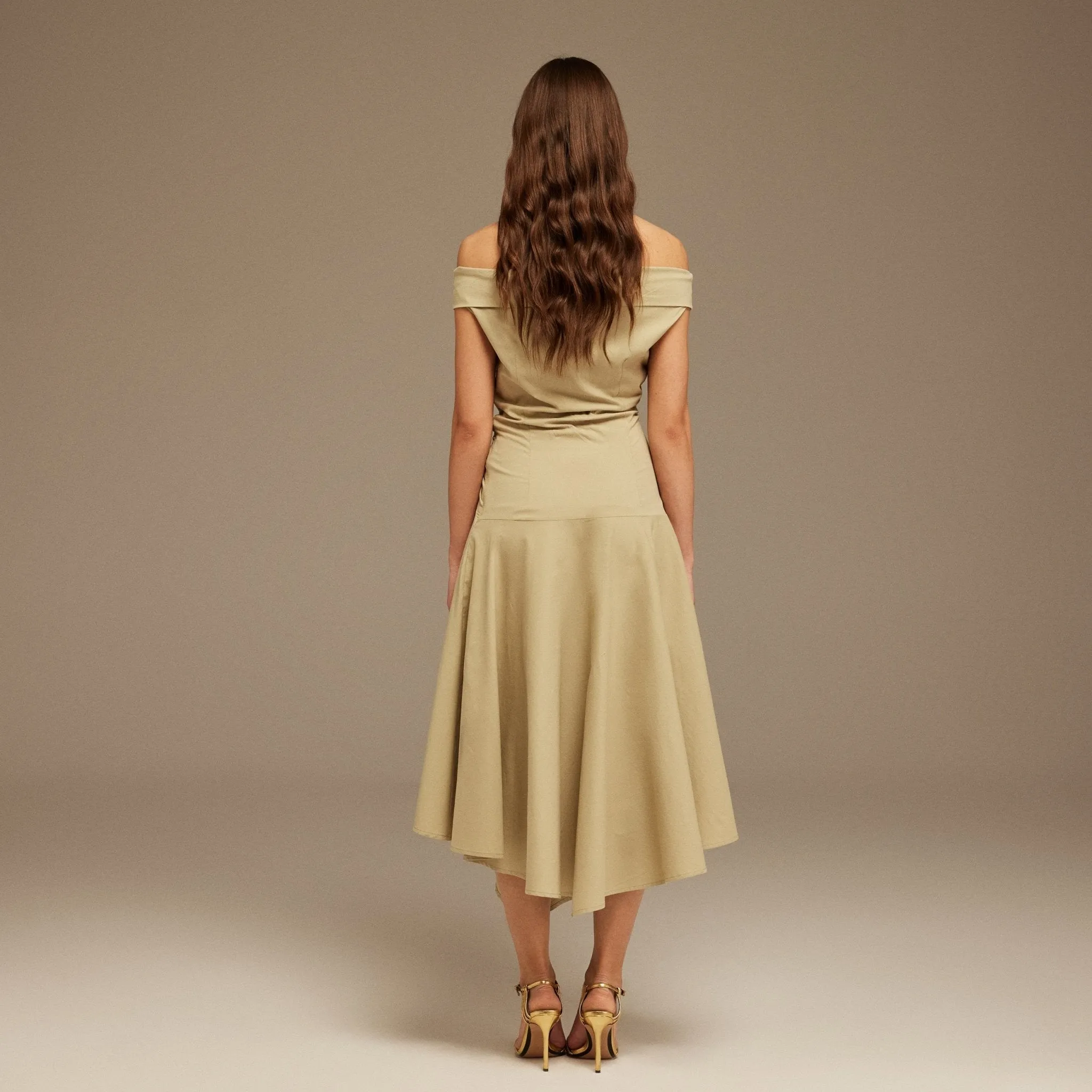 Beige Off-Shoulder Cotton Ruched Midi Dress