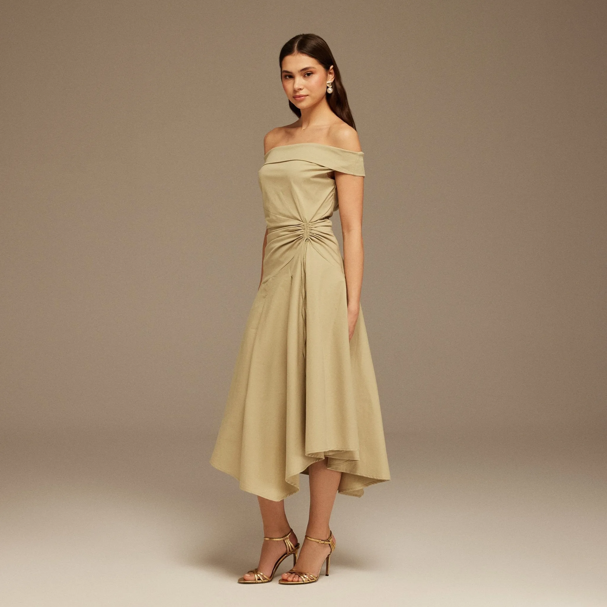 Beige Off-Shoulder Cotton Ruched Midi Dress