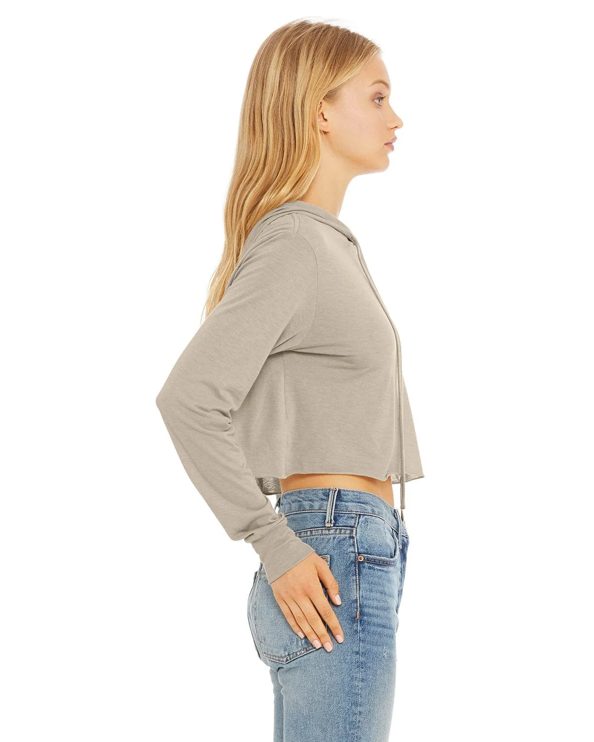 Bella Canvas Ladie's Cropped Long Sleeve Hoodie T-Shirt | Tan Triblend