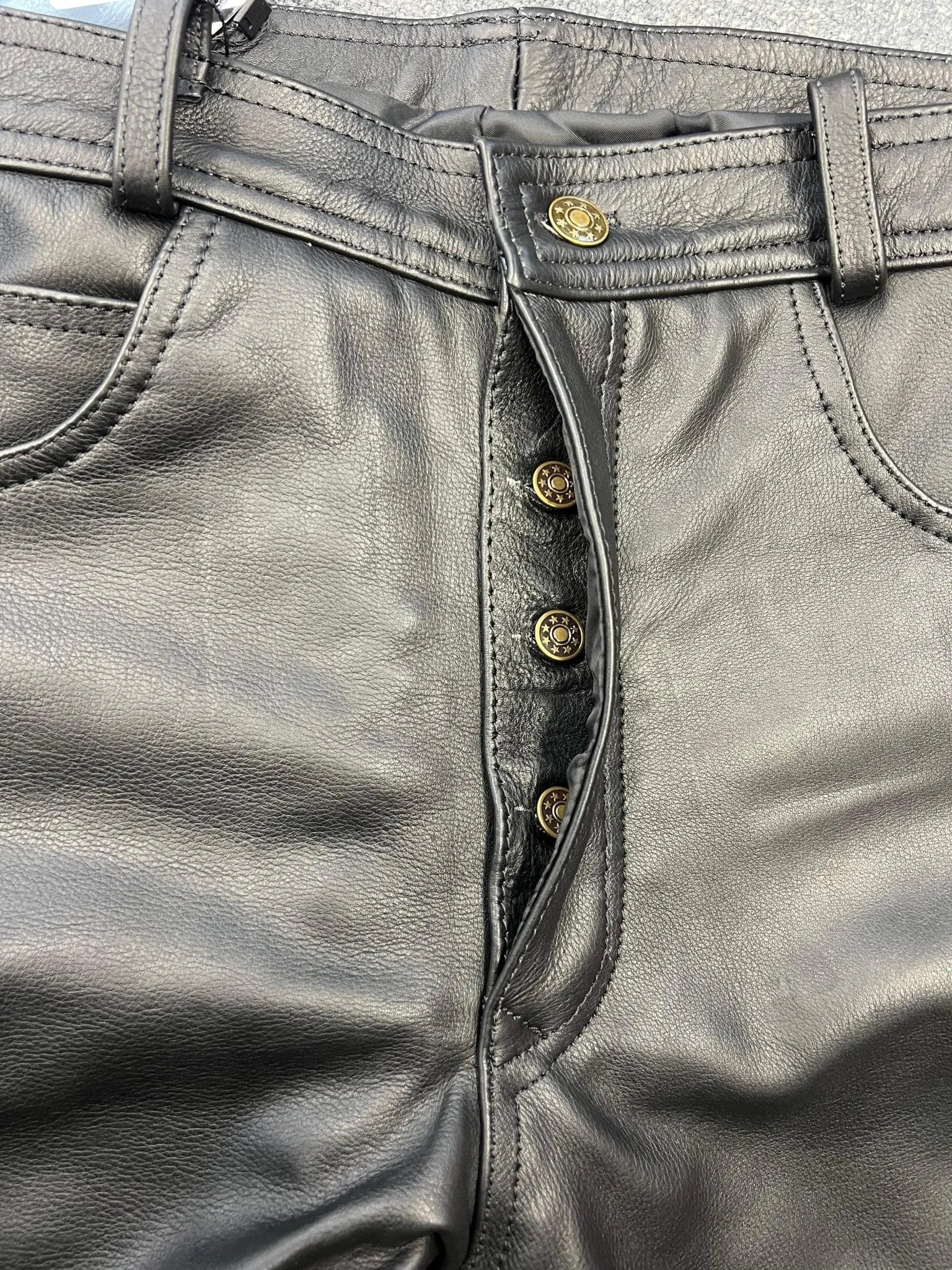 Black Classic Fitted Biker Cowhide Leather Trousers Button Fly