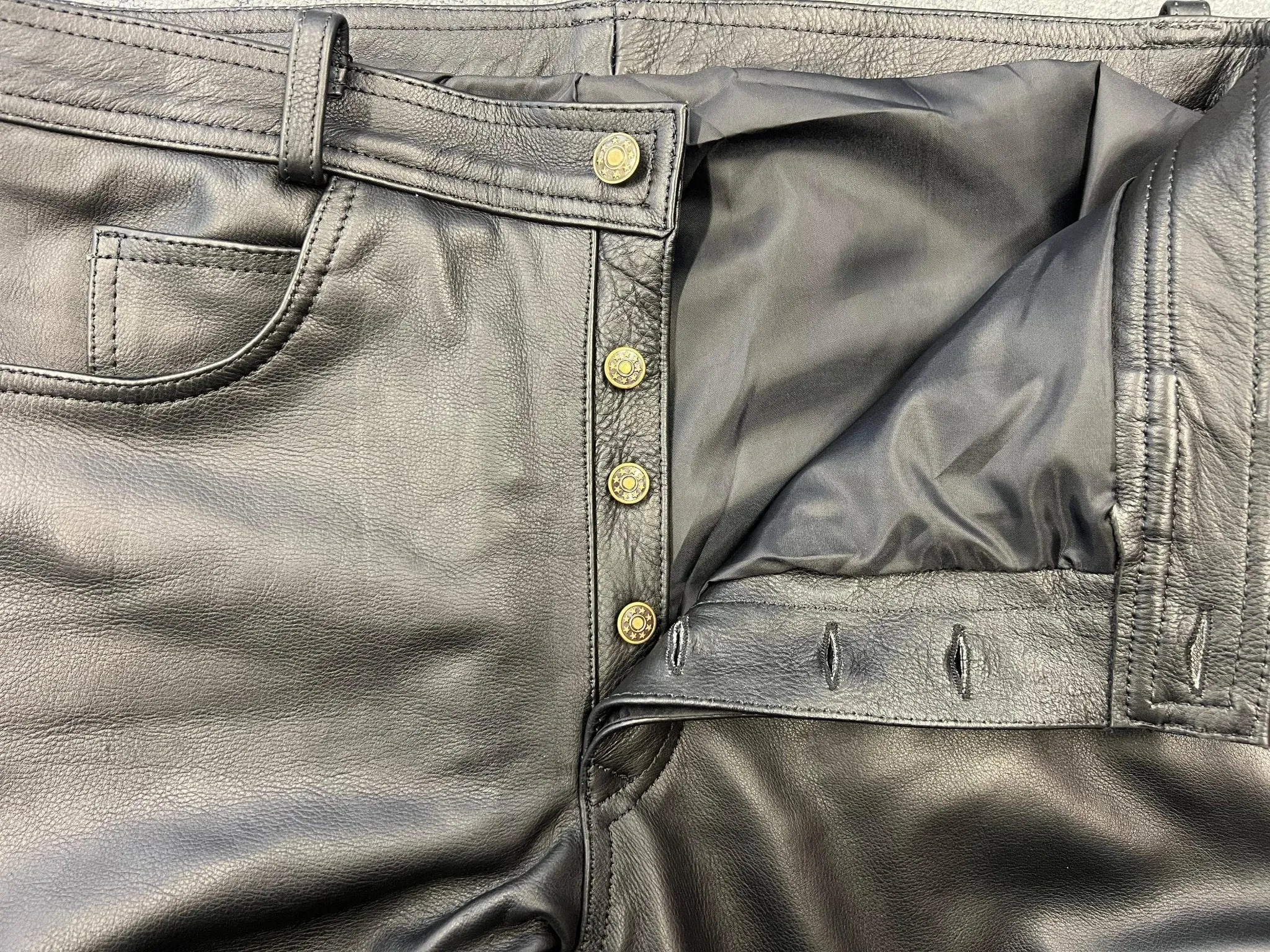 Black Classic Fitted Biker Cowhide Leather Trousers Button Fly