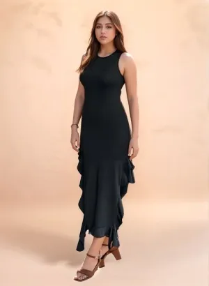 Black Ruffled Slit Maxi Dress