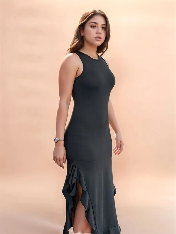 Black Ruffled Slit Maxi Dress