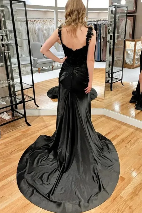 Black Satin Pleated Mermaid Lace Appliques Side Slit Long Prom Dresses, MP1014