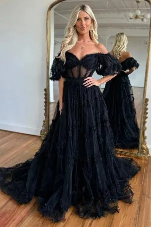 Black Tulle See Through Off Shoulder Ruffled Prom Dresses, Party Dress, MP1000