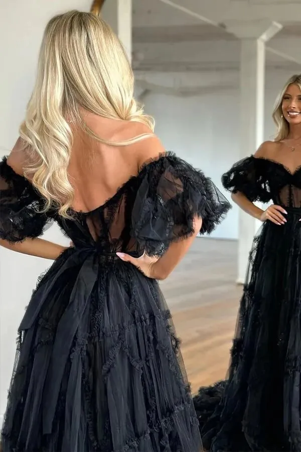 Black Tulle See Through Off Shoulder Ruffled Prom Dresses, Party Dress, MP1000