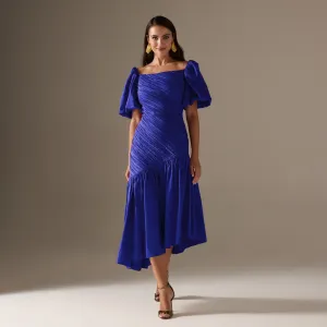 Blue Asymmetric ruffled Poplin Midi dress