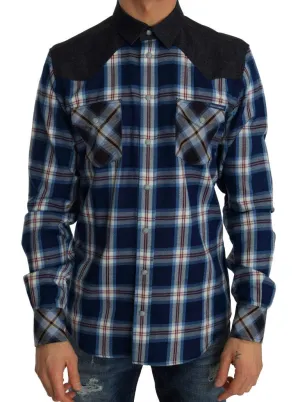 Blue Check Plaid Cotton Slim Fit Shirt