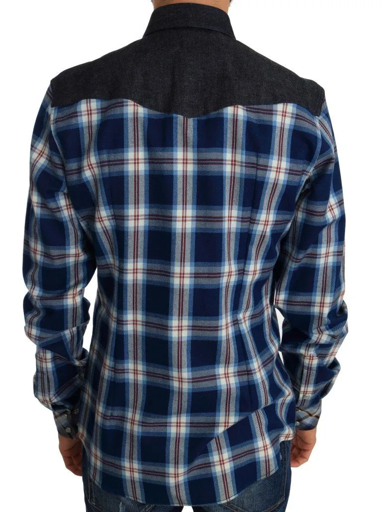 Blue Check Plaid Cotton Slim Fit Shirt