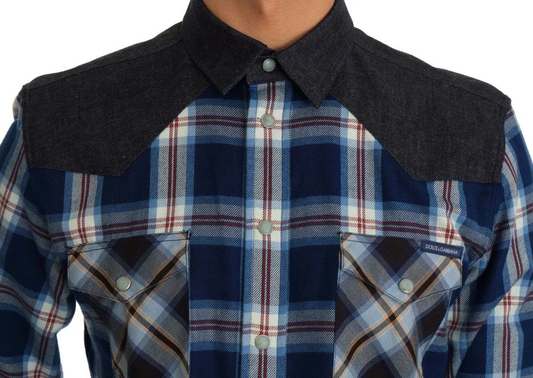 Blue Check Plaid Cotton Slim Fit Shirt